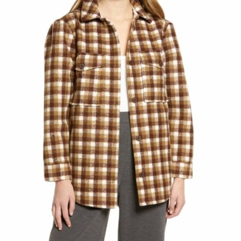 NWT Treasure & Bond Plaid Puff Sleeve Shirt Jacket In Olive-brown Jade Check Siz